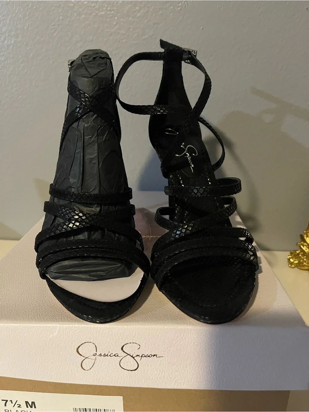 Jessica Simpson Black Strappy Snake-Texture High Heel Sandals